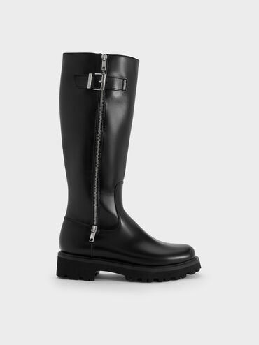 Lyndon Buckled Side-Zip Knee-High Boots, Black, hi-res