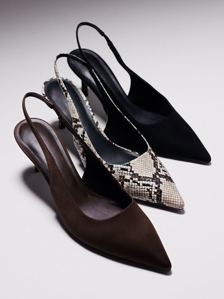 Kaia Faux Suede Pointed-Toe Slingback Pumps, Black Textured, hi-res