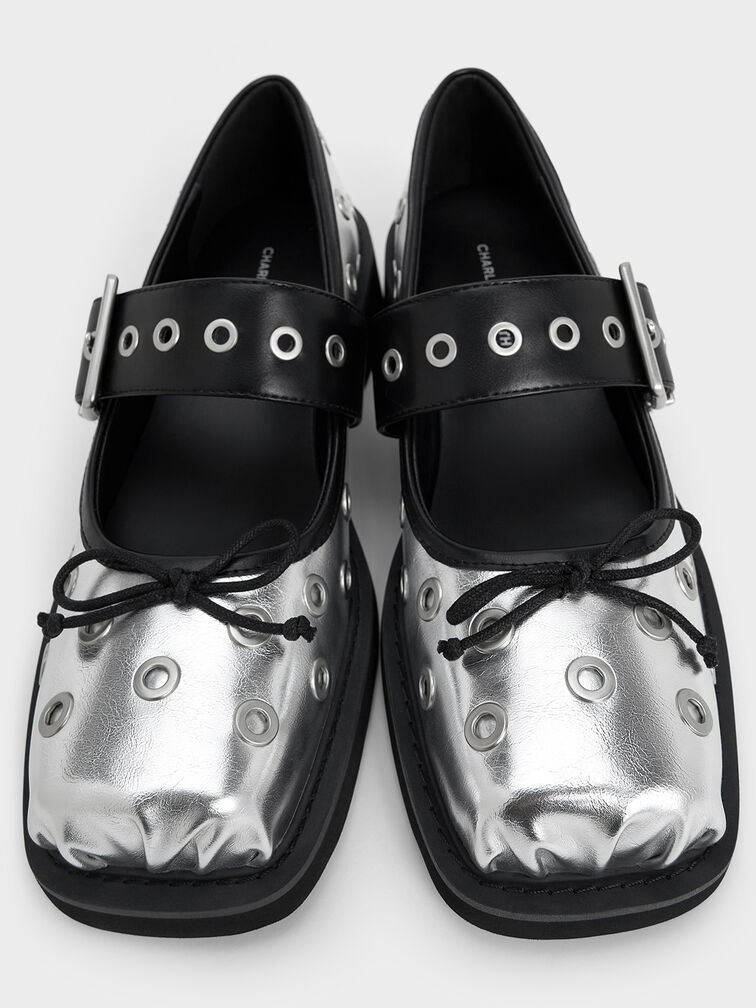 Metallic Grommet Buckled Mary Janes, Silver, hi-res