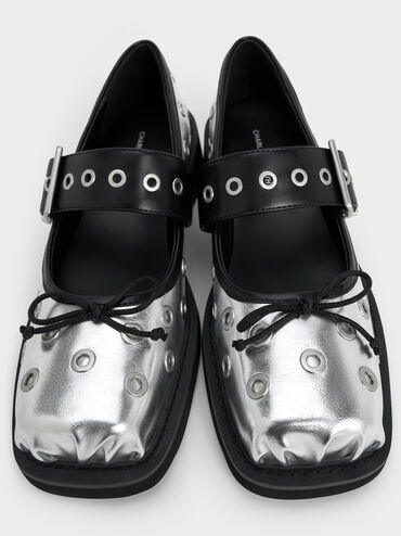 Metallic Grommet Buckled Mary Janes, Silver, hi-res