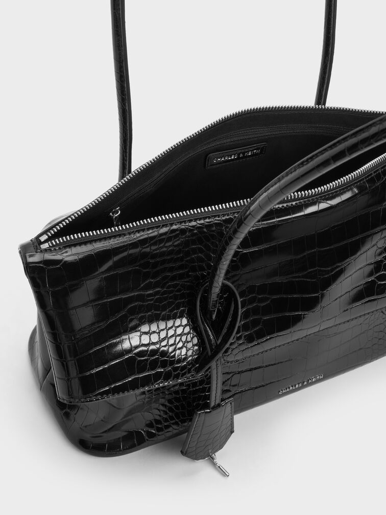 Aveline Croc-Effect Front-Flap Shoulder Bag, Black Croco, hi-res