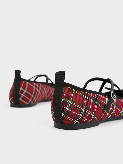 Tartan-Print Crossover-Strap Mary Jane Flats, สีแดง, hi-res