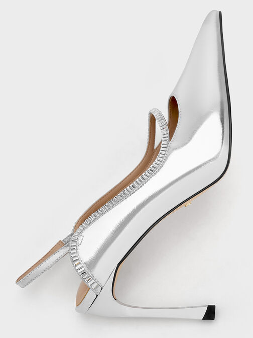 Leather & Satin Crystal-Embellished Pointed-Toe Slingback Pumps, Silver, hi-res