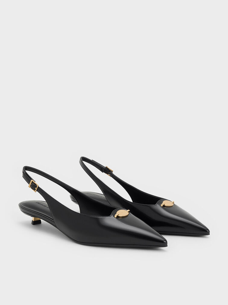 Metallic-Accent Kitten-Heel Slingback Pumps, Black Boxed, hi-res