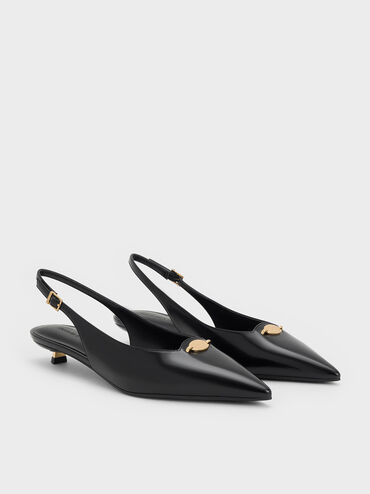 Metallic-Accent Kitten-Heel Slingback Pumps, Black Boxed, hi-res