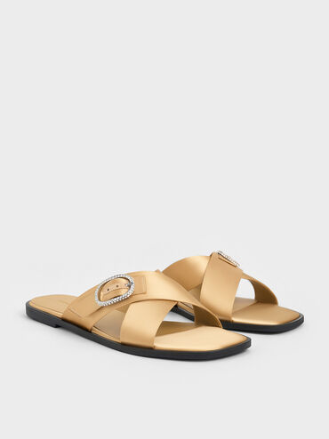 Recycled Polyester Crystal-Buckle Crossover-Strap Sandals, Champagne, hi-res