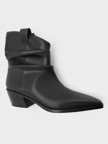 Ruched Almond-Toe Cowboy Ankle Boots, Black, hi-res