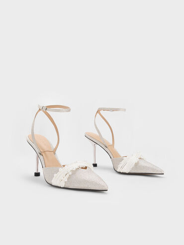 Beaded Glittered Ankle-Strap Pumps, สีเงิน, hi-res