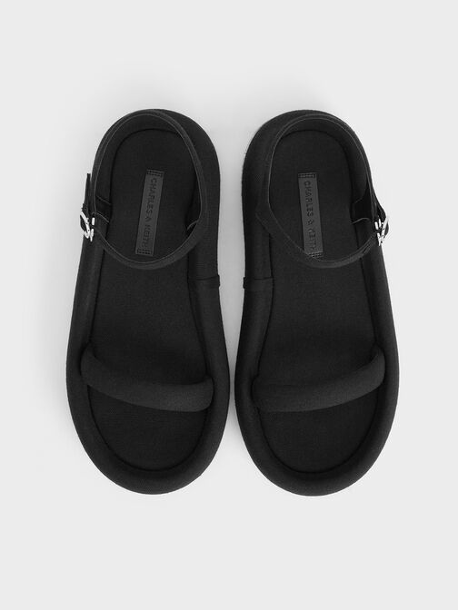 Linen Padded Flatform Sandals, Black Textured, hi-res