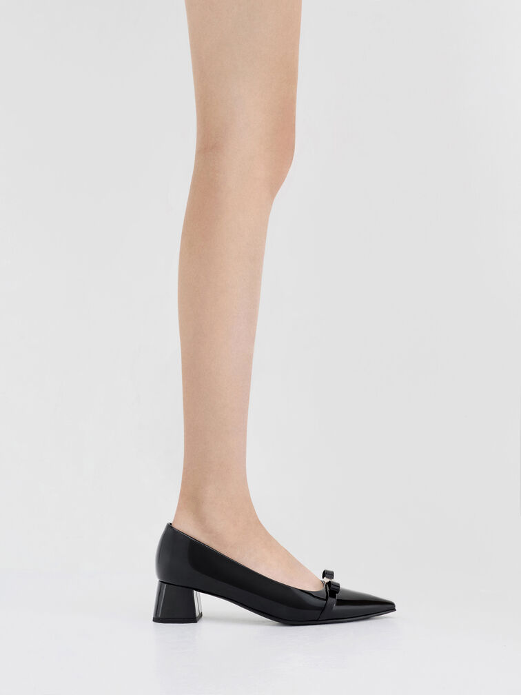 Dorian Patent Bow Pointed-Toe Block-Heel Pumps, Black Patent, hi-res