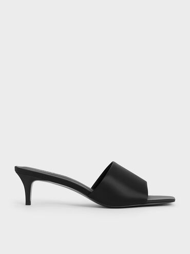 Satin Square-Toe Kitten-Heel Mules, Black Textured, hi-res