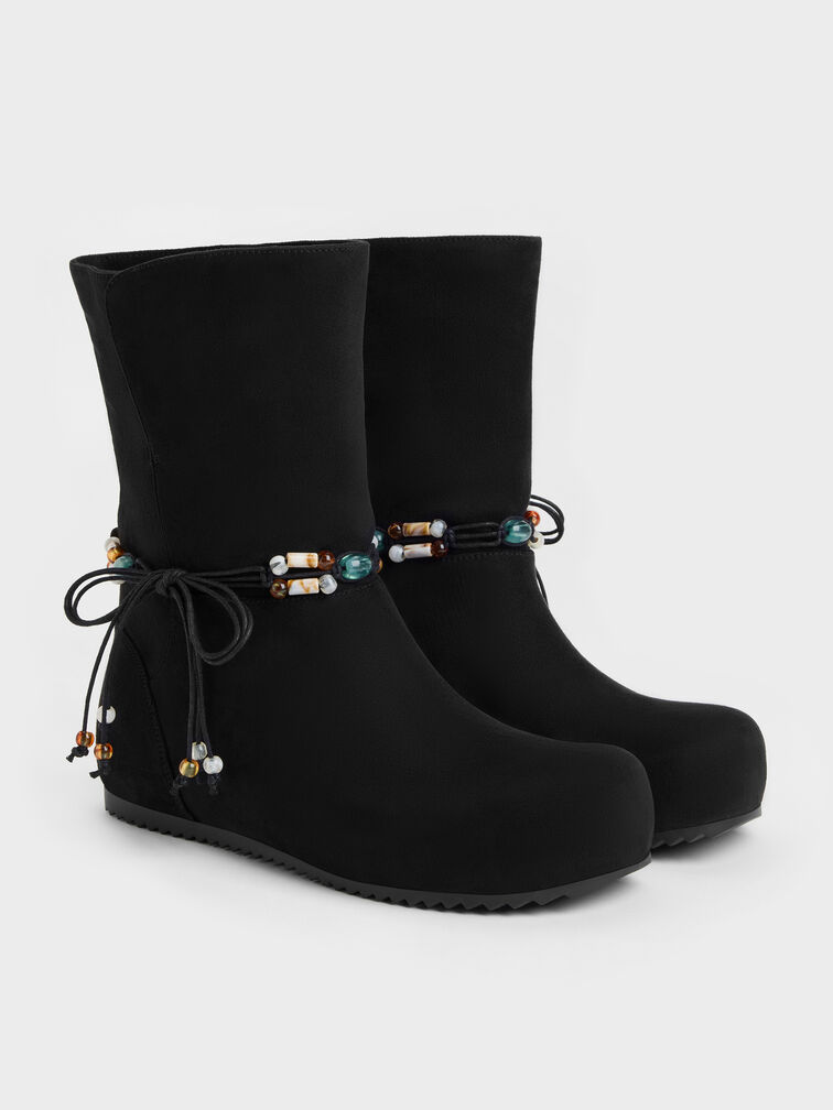 Franca Faux Suede Beaded Flatform Boots, Black Textured, hi-res