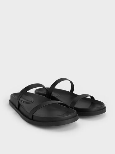 Double-Strap Slide Sandals, Black, hi-res
