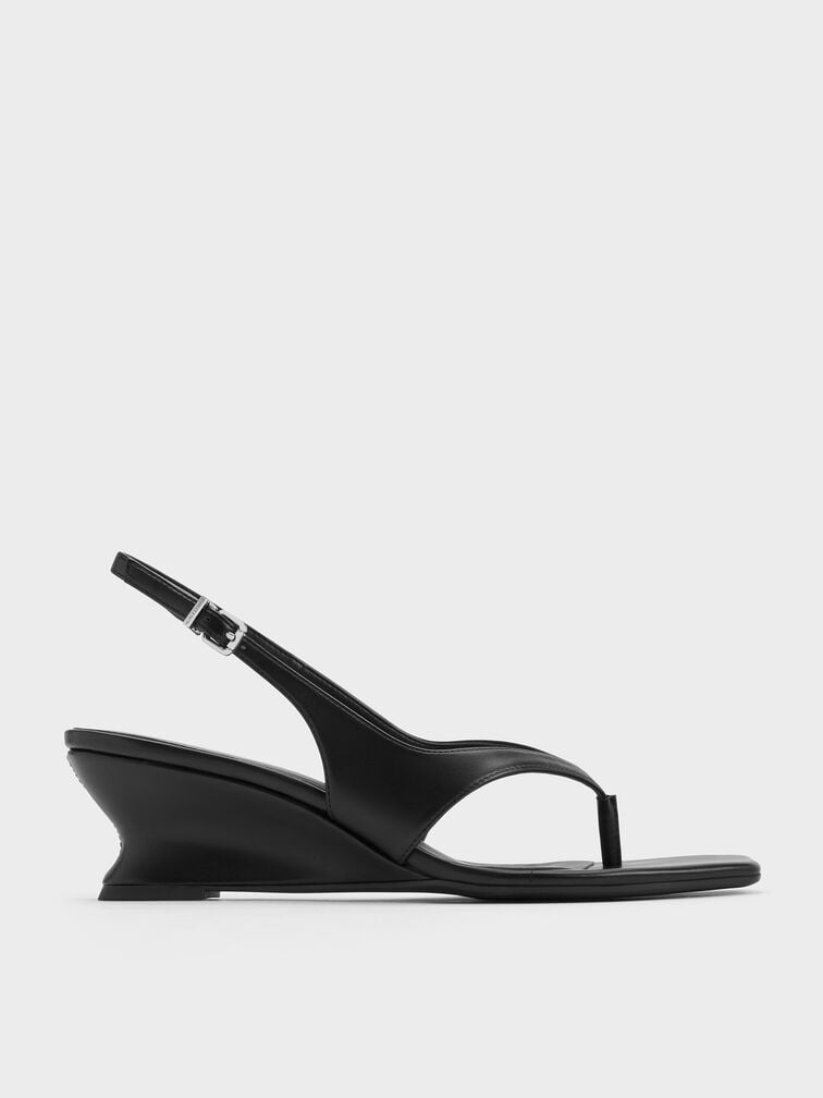 Slingback Thong Wedges, Black, hi-res