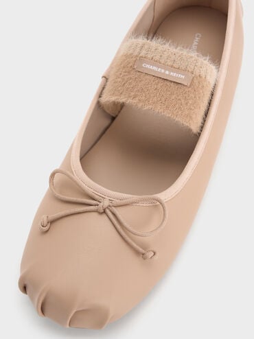 Winona Bow Furry-Strap Mary Jane Flats, Nude, hi-res