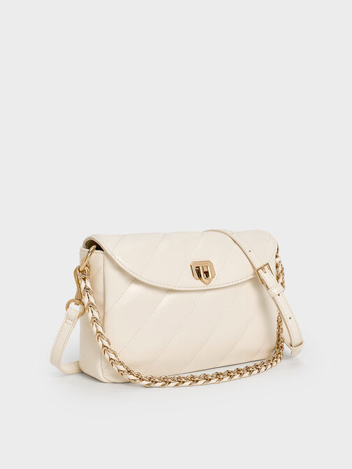 กระเป๋าสะพายไหล่ลายเส้นดีไซน์ที่ปิดด้านหน้ารุ่น Fawn, สีครีม, hi-res
