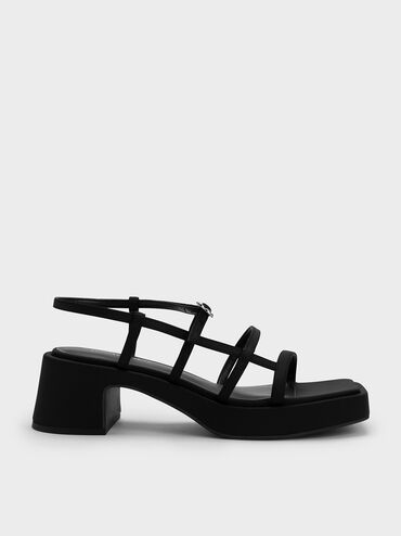 Flower-Buckle Strappy Sandals, สีดำ, hi-res