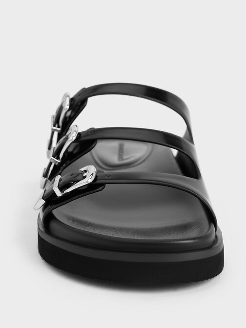Buckled Triple-Strap Sandals, Black Boxed, hi-res