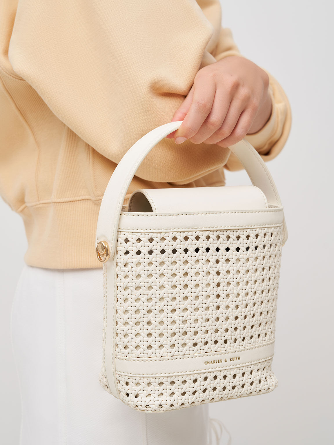 Cecily Woven Bucket Bag, Cream, hi-res