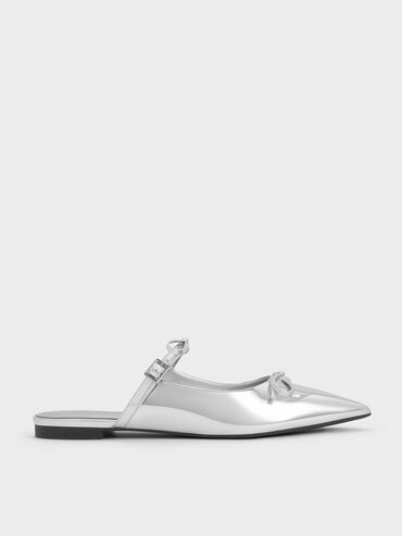 Metallic Double-Bow Pointed-Toe Mules, Silver, hi-res