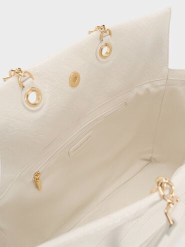 กระเป๋าเป้สองฟังก์ชันที่ปิดแบบเชือกรูดดีไซน์ลายควิลท์พร้อมสายโซ่ถักรุ่น Duo, สีครีม, hi-res