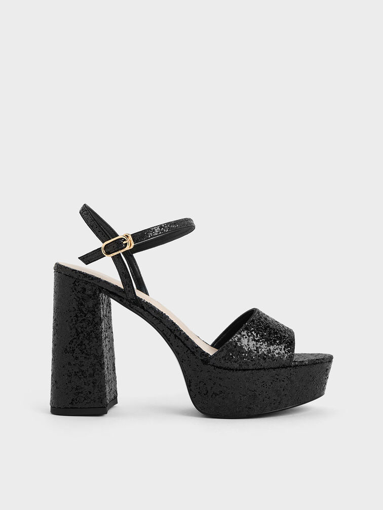 Glittered Ankle-Strap Platform Sandals, Black Textured, hi-res