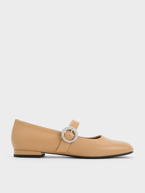 Crystal-Embellished Buckle Mary Jane Flats, Camel, hi-res