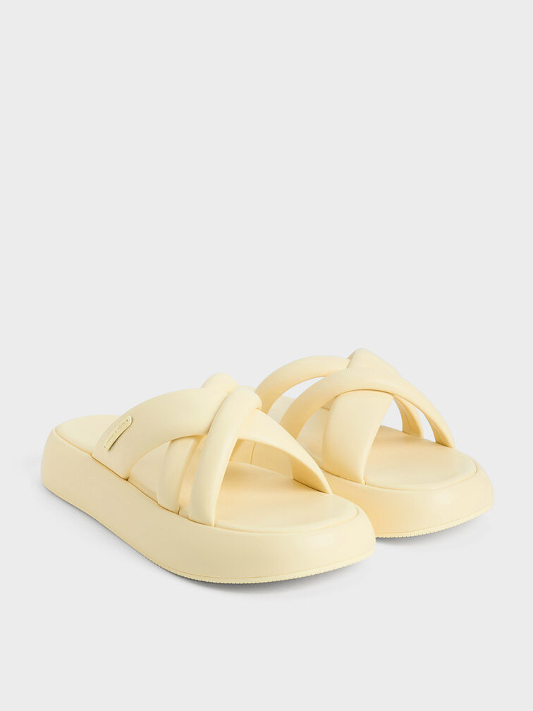 Puffy Crossover-Strap Slide Sandals, Butter, hi-res