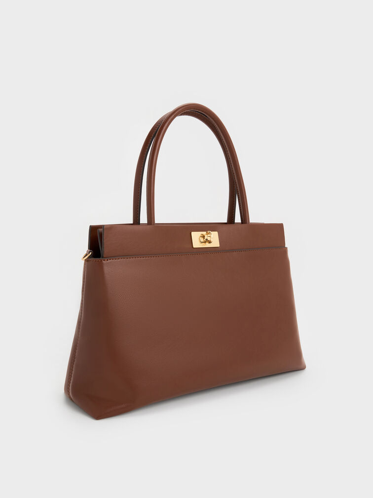 กระเป๋าสะพายข้างทรง Satchel ดีไซน์หูจับด้านบนรุ่น Lennie, สีดาร์คบราวน์, hi-res