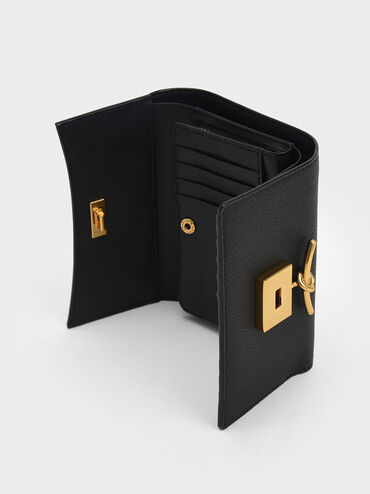 Huxley Metallic-Accent Front Flap Wallet, สีดำ, hi-res