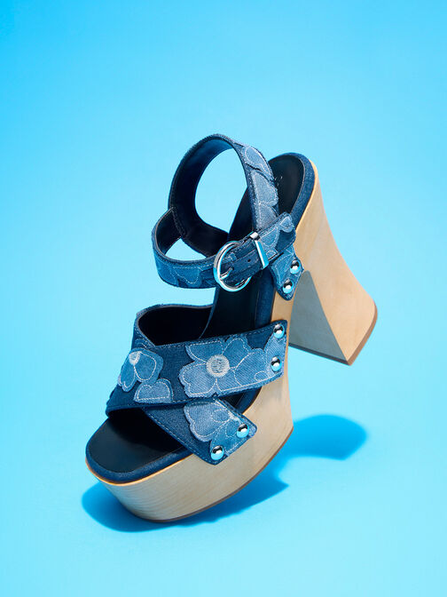 Tabitha Floral Denim Crossover Sandals, สีฟ้า, hi-res
