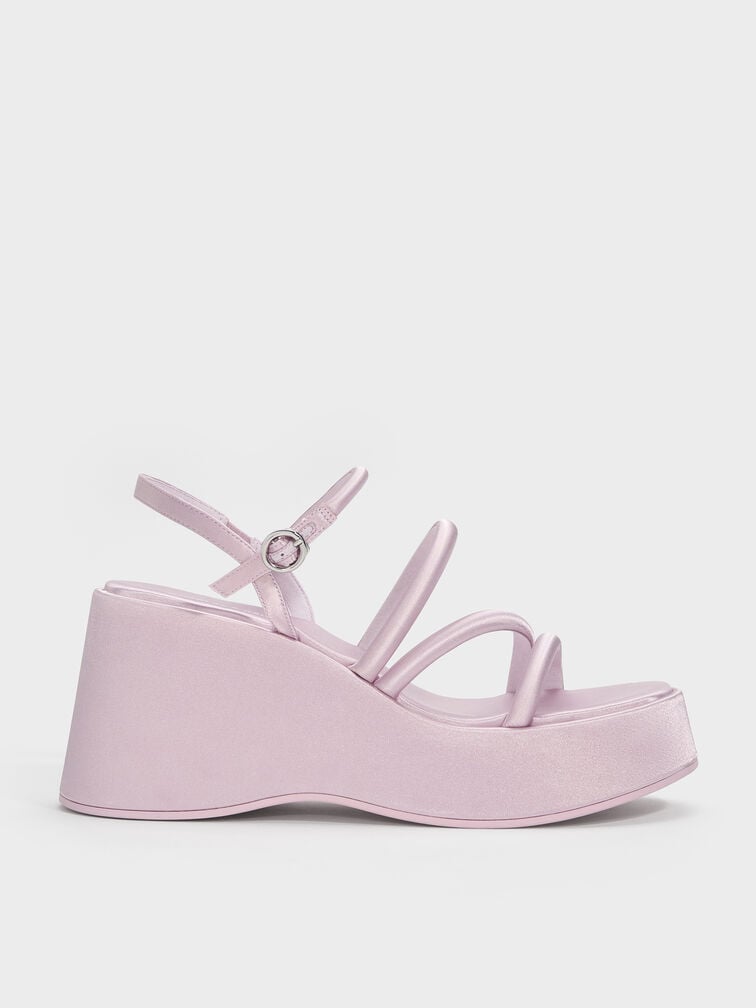 Lindon Satin Strappy Platform Wedges, Pink, hi-res
