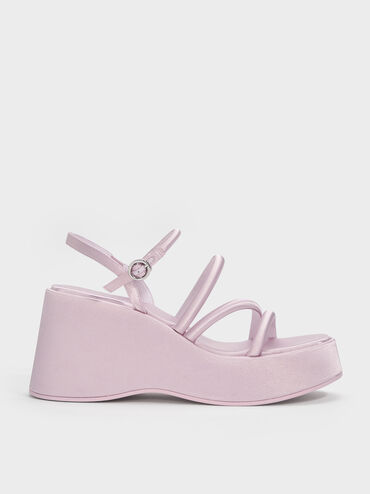 Lindon Satin Strappy Platform Wedges, Pink, hi-res