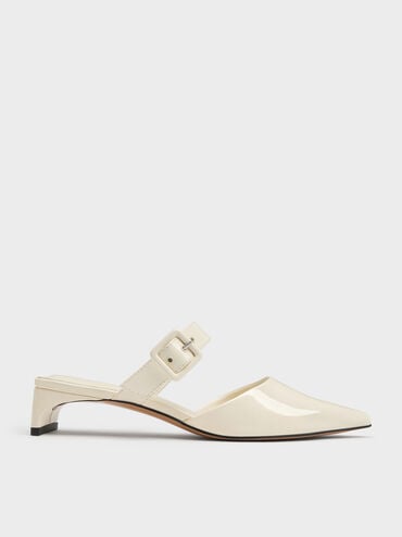 Patent Buckle-Strap Heeled Mules, Butter, hi-res