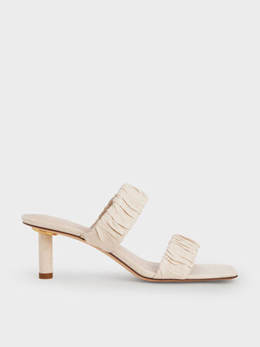 Linen Ruched Heeled Mules, , hi-res