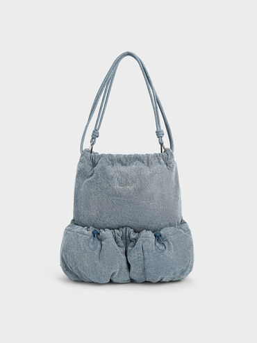 กระเป๋าเป้เดนิมดีไซน์ย่นที่ปิดแบบเชือกรูดรุ่น Maisy, สีเดนิมบลู, hi-res