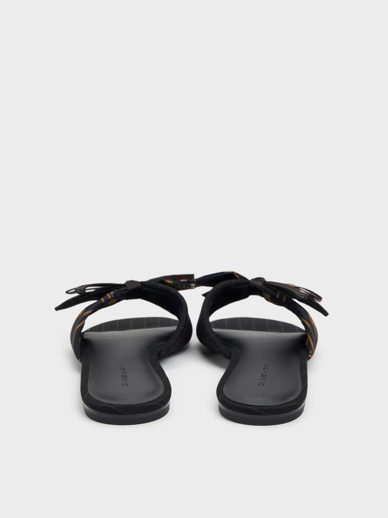 Satin Printed-Bow Slide Sandals, Black Textured, hi-res