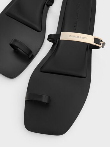 Metallic-Bar Toe-Ring Sandals, Black, hi-res