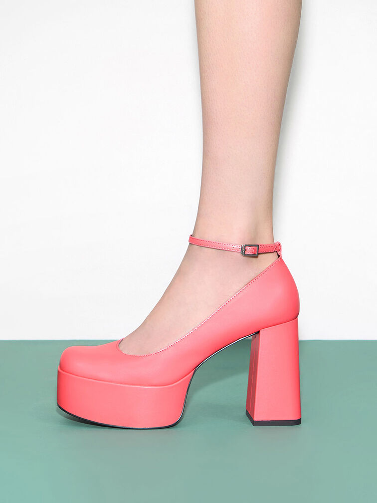 Ankle-Strap Platform Pumps, สีชมพู, hi-res