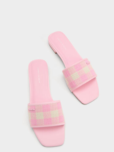 Woven Checkered Flat Sandals, สีชมพูอ่อน, hi-res