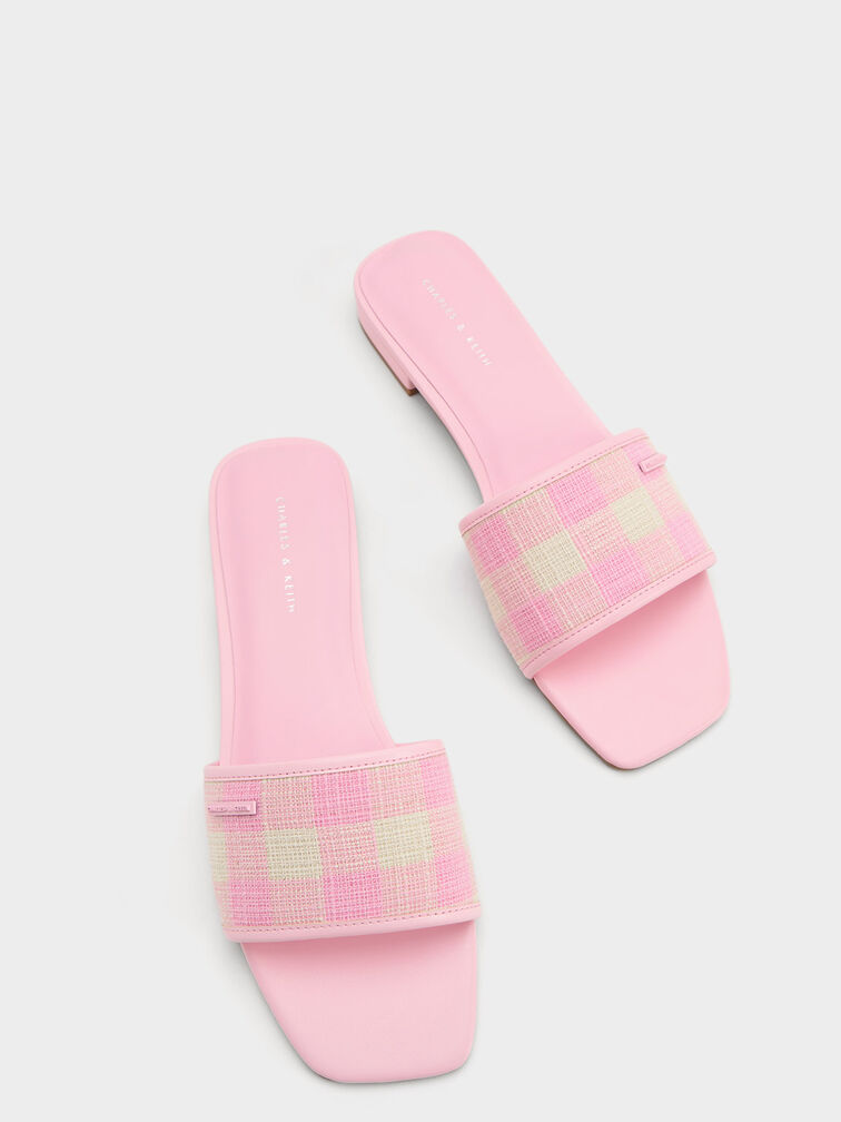 Woven Checkered Flat Sandals, สีชมพูอ่อน, hi-res