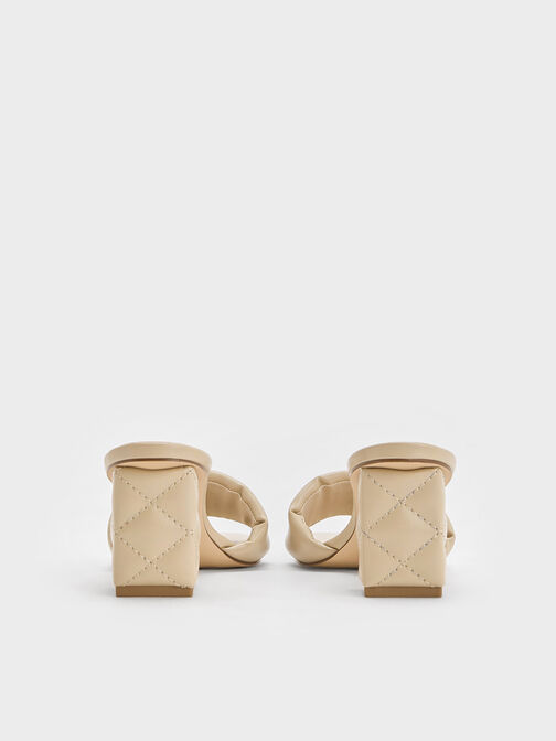 Puffy-Strap Quilted-Heel Mules, Taupe, hi-res