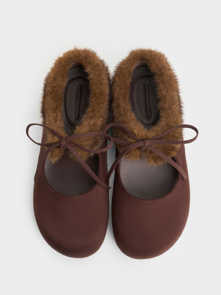 Emila Faux Suede Fur-Trim Mary Jane Flats, Dark Brown Textured, hi-res