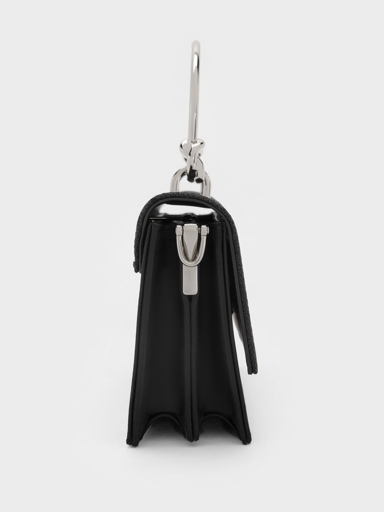 กระเป๋าสตางค์ดีเทลกลิตเตอร์พร้อมสายโซ่, สีดำอะไหล่สีเงิน, hi-res