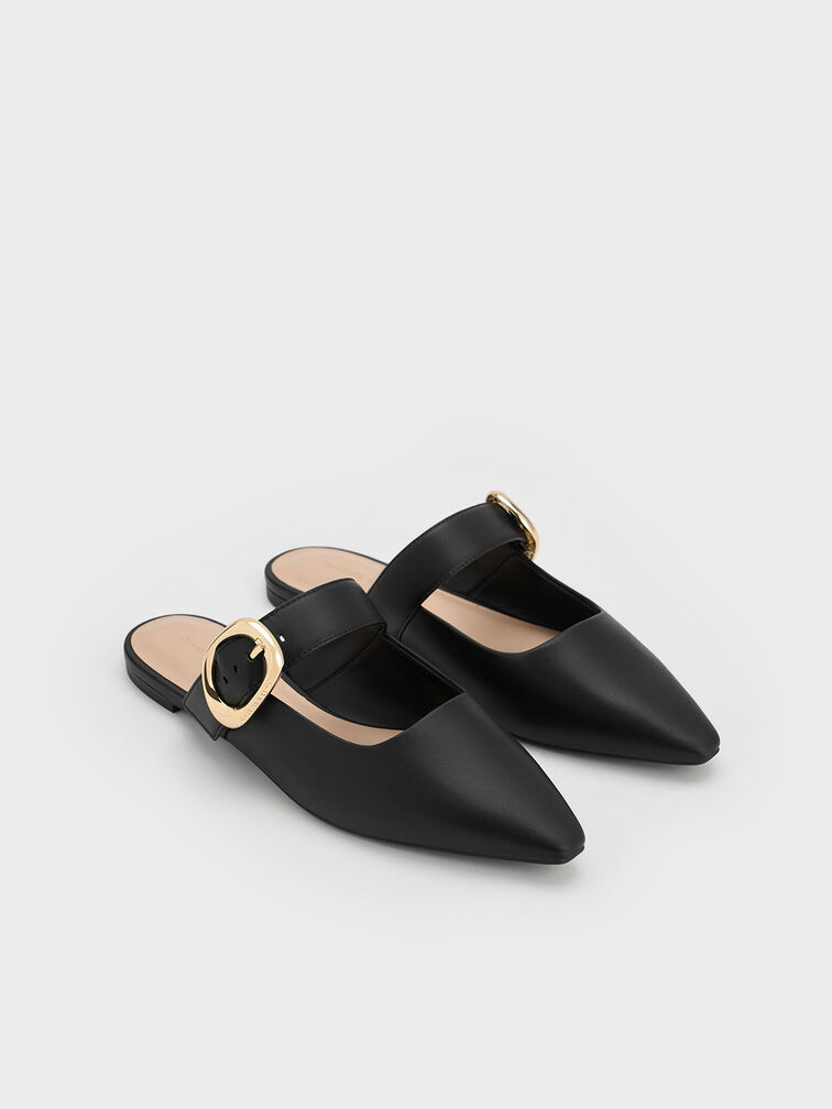 Buckle-Strap Flat Mules, สีดำ, hi-res