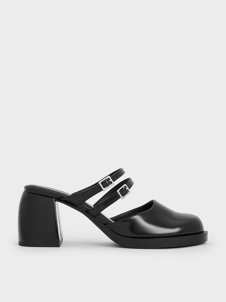 Double-Strap Platform Mules, Black Boxed, hi-res