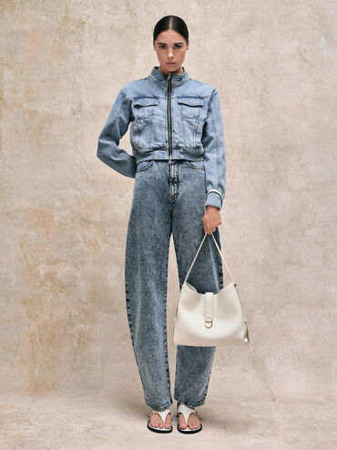 กระเป๋าโฮโบหนังแท้ตกแต่งเข็มขัดรุ่น Gabine, สีเอ้กเชลล์ครีม, hi-res