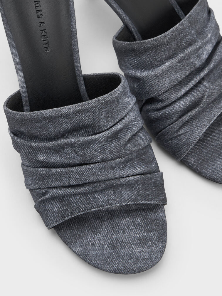 รองเท้าส้นสูงแบบเปิดส้นดีเทลจับจีบวัสดุผ้าทวิลล์, สีดาร์คบลู, hi-res