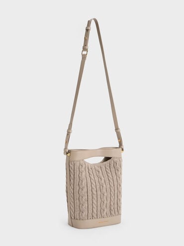 Apolline Textured Knit Bucket Bag, สีโทป, hi-res