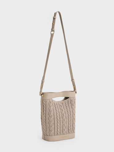 Apolline Textured Knit Bucket Bag, สีโทป, hi-res